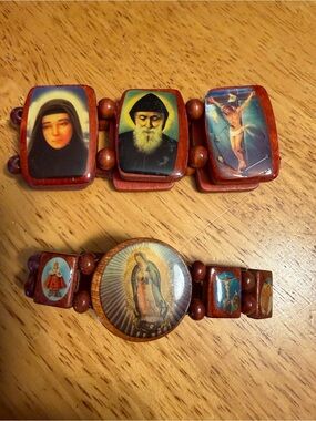 2 Vintage Religious / Cool / Funky Wooden Bead Elastic Bracelets for anyone!
